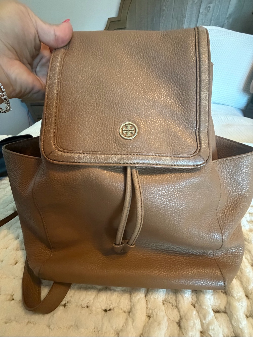 Tory Burch Brown Pebbled Leather Drawstring Backpack